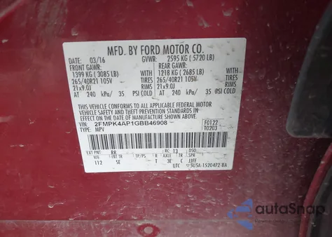 2016 Ford Edge Sport из США, поврежденный, VIN 2FMPK4AP1GBB46908